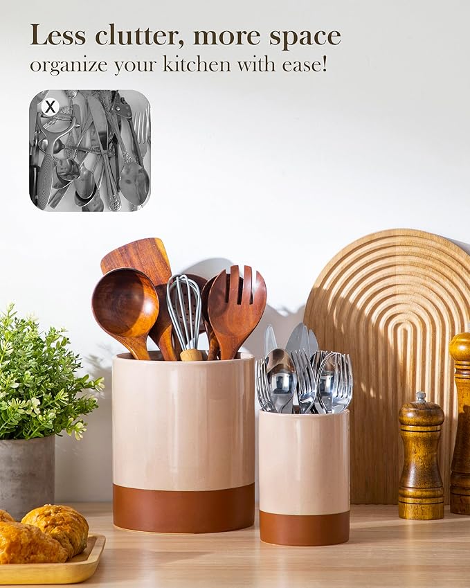 MALACASA Utensil Holder, 7.3"+5.5" Ceramic Kitchen Utensil Holder for Countertop, Large Cooking Utensil Crocks for Kitchen Counter, Farmhouse Utensils Organizer, Set of 2, Khaki Pink, Series TARA