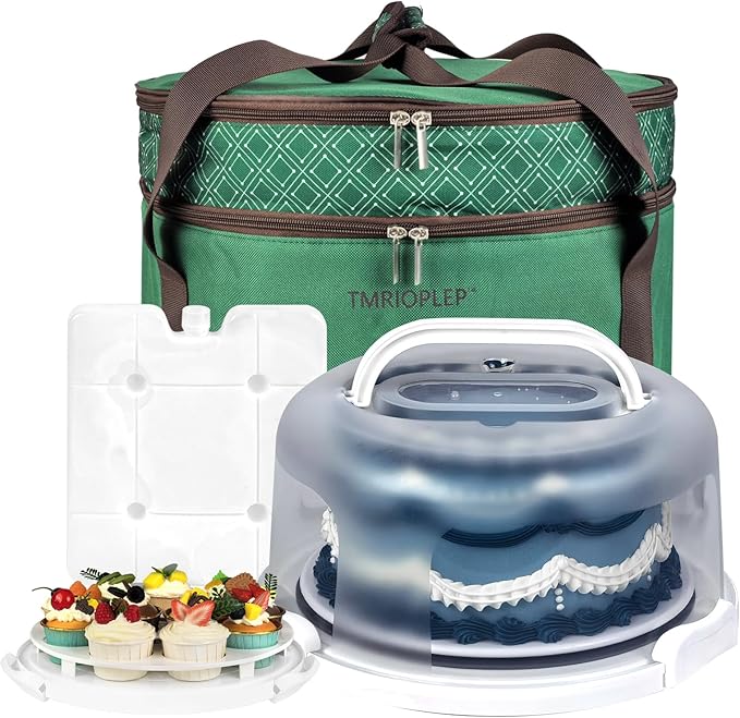 TMRIOPELP Tall Cake Carrier with Lid and Handle Insulated Cake Container Cake Transport Carrier Ideal for Pies Cupcakes and Pastries Perfect for Safe and Secure Cake Delivery (Green, 10 inch)