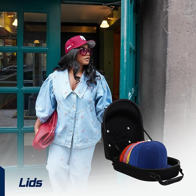 Lids Hat Travel Case – Baseball Cap Carrier for 6 Hats, Durable Denim Exterior with Black Interior, Storage with Handle & Adjustable Shoulder Strap, Hard Hat Organizer for Travel & Closet