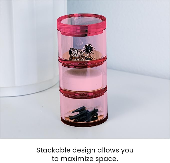 OfficeGoods 3-Tier Stackable Acrylic Holder- Stylish Desk Organizer and Storage for Office or Home – Transparent Round Design, Pink with Silver Metal Base