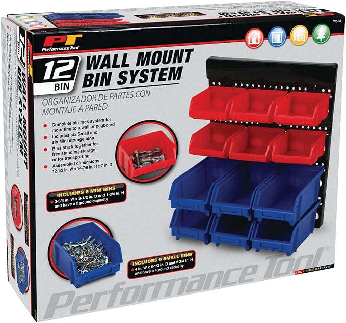 Performance Tool W530 Wall Mount Bin Rack System with 12 Bins for Organizing Parts and Tools
