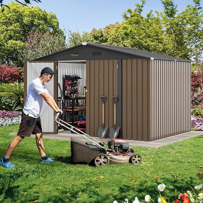 DWVO 10x8ft Outdoor Storage Shed, Large Metal Tool Sheds, Heavy Duty Storage House with Lockable Doors & Air Vent for Backyard Patio Lawn to Store Bikes, Tools, Lawnmowers, Brown