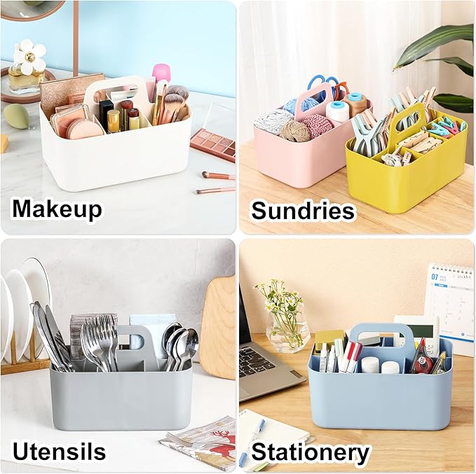 Multiuse Caddy Organizer with Handle - Stackable Plastic Tote Bin - Art Craft Supplies, Office, Desk, Stationery Pen Holder, Kitchen, Utensil, Makeup, Bathroom, Shower, Cleaning, Dorm Organizer - Grey