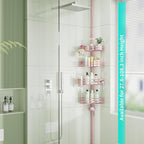 HapiRm Corner Shower Caddy Organizer - Shower Organizer Corner with Soap Holder, Toothbrush Holder and 4 Hooks, Rustproof Bathroom Shelf Tension Pole Available for 27.6 to 108.3 Inch - Pink