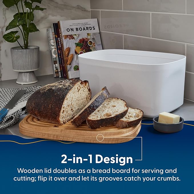 Sonder Los Angeles Union Large Bread Box | Fits Full Sourdough Loaves and More | Breadbox with Cutting Board | Homemade Bread Bin Storage Container | 14.25x9.25x7 in | White