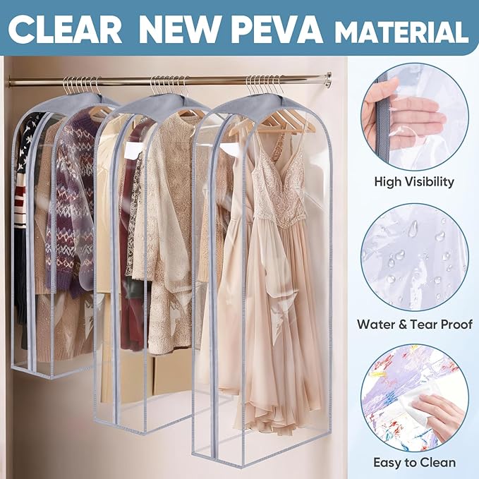 BALEINE 48'' Clear Garment Bags, 10.5'' Wide PEVA Suit Bag for Closet Clothes Dresses Suit Coats Storage (Clear, 3PK)