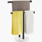 Hand Towel Holder for Bathroom Countertop, 17 Inch Tall T-Shape 2 Tier Towel Rack Stand with Heavy Marble Base, Free Standing Rustproof Double Tiered Kitchen Towel Drying Organizer, Black, YOFIVI