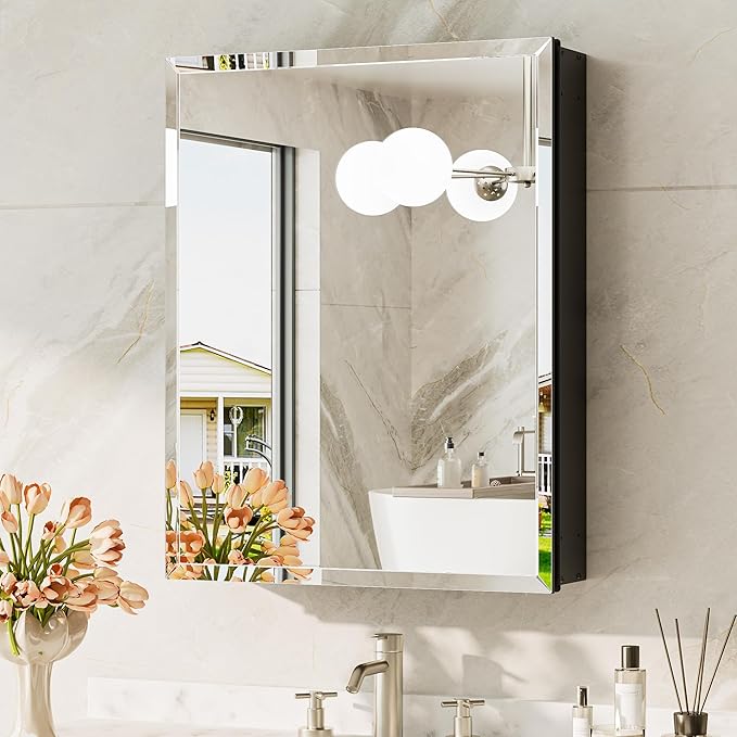 TokeShimi 20 x 26 Recessed Medicine Cabinet with Mirror, Assembly Required, Frameless Medicine Cabinet for Bathroom, Tempered Beveled Mirror, Stepless Adjustable Shelves, DTC Hinge