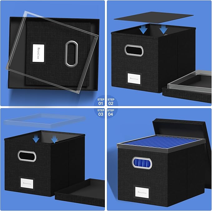 File Organizer Box - File Boxes for Hanging Files with Lid Set of 4 Decorative Hanging Folders Organizer with One-Piece Plastic Frame Slides (Black, 13.2 * 10.1 * 10.1in(4Pack))