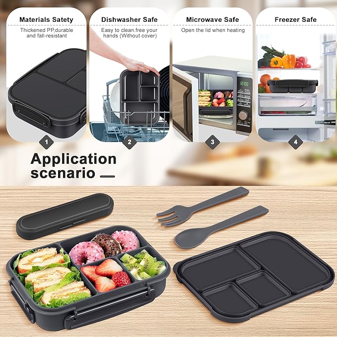 Lunch Box Kids,Bento Box Adult,Leakproof Lunch Containers for Adults/Kids/Toddler,1200ML-4 Compartments bento Lunch box with Utensil,Microwave & Dishwasher & Freezer Safe (Dark Gray)