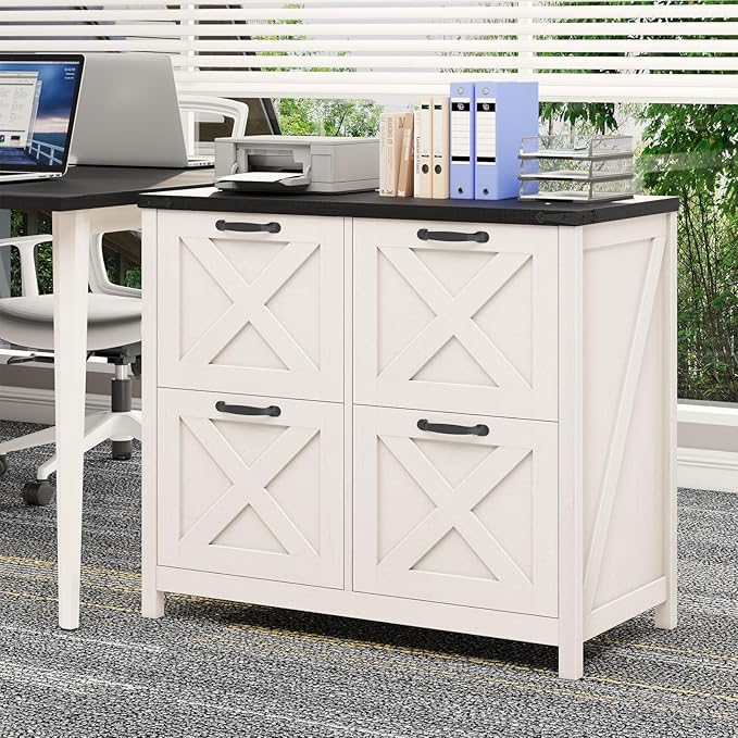Lateral File Cabinet with 4 Drawers, Farmhouse File Cabinet for Letter/A4 Size Hanging Files, Large Wood File Storage Cabinets Printer Stand for Home Office Cabinets, Rustic White and Black