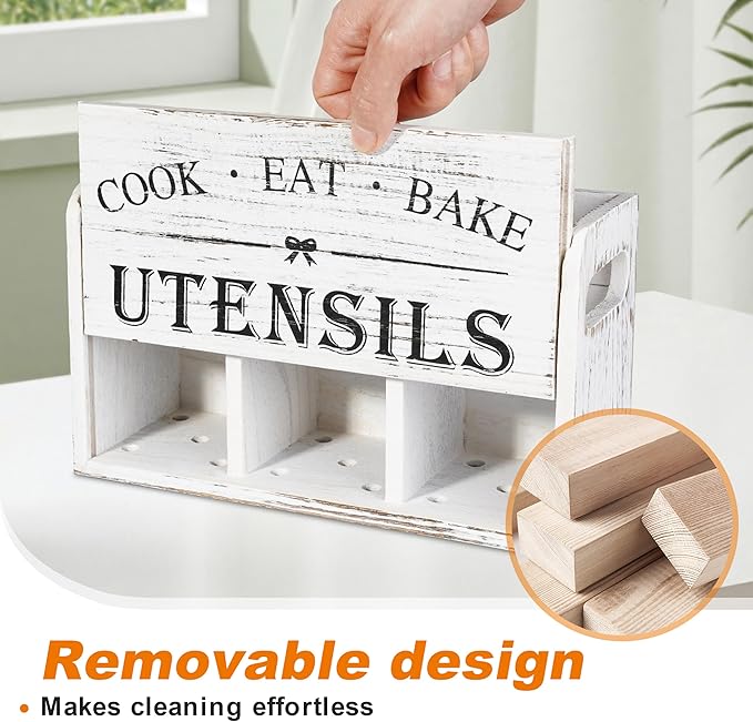 Kitchen Utensil Holder with 3 Compartments, Wooden Storage Utensil Organizer for Countertop, Farmhouse Decor, Rustic Cooking Utensil Kitchen Tool
