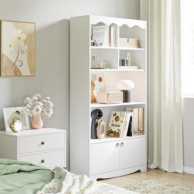 CABIHOME 63" Tall Bookshelf with Cabinet, 5-Tier Wood Bookcase with Wave Top, 6 Cubes & 2 Door Cabinets, Modern Display Storage Shelves with Gold Handles for Living Room, Bedroom & Home Office, White