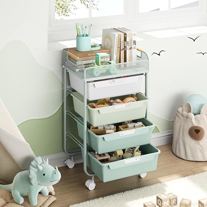 Rolling Utility Storage Cart with 4 Drawers - 4 Tiers Rolling Cart Craft Cart, Storage Drawer Cart Organizer for Craft Room Office Bedroom Classroom with Mesh Top & 4 PCS DIY Lable, Green
