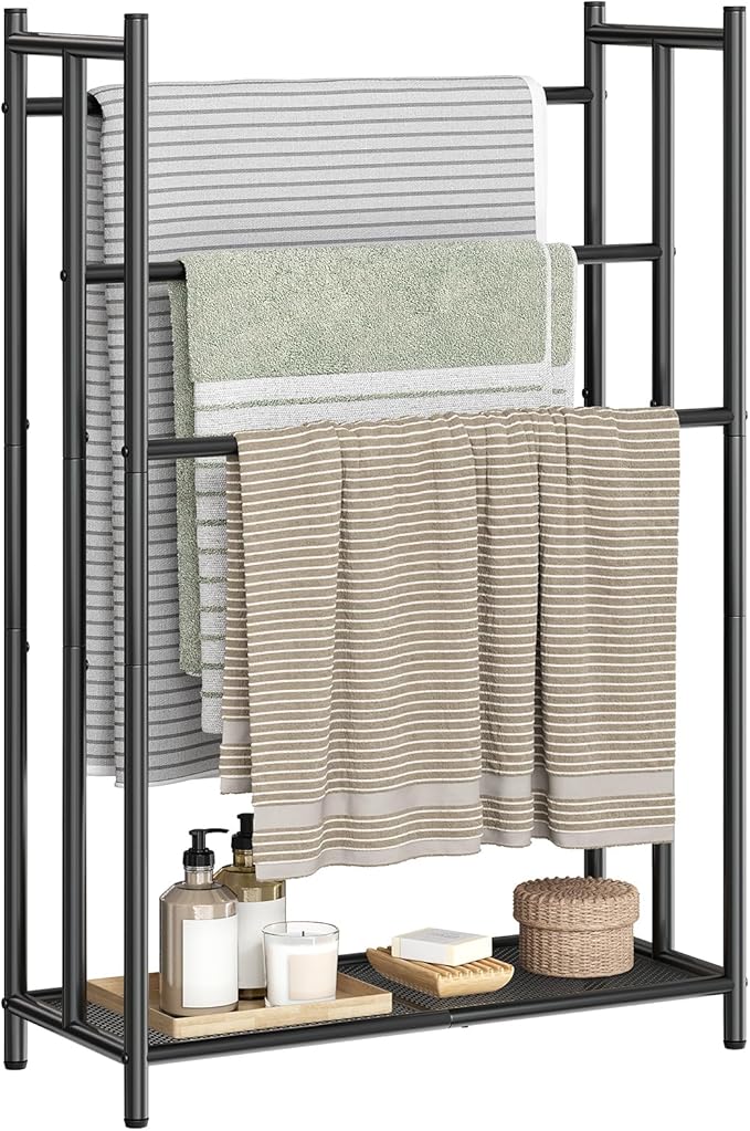 HOOBRO Free Standing Towel Rack for Bathroom, 25.2" L x 11.4" W x 39.4" H, 3-Tier Blanket Rack Stand with Bottom Mesh, Freestanding Quilt Stand with Adjustable Feet, Industrial Style, Black BK09LB01