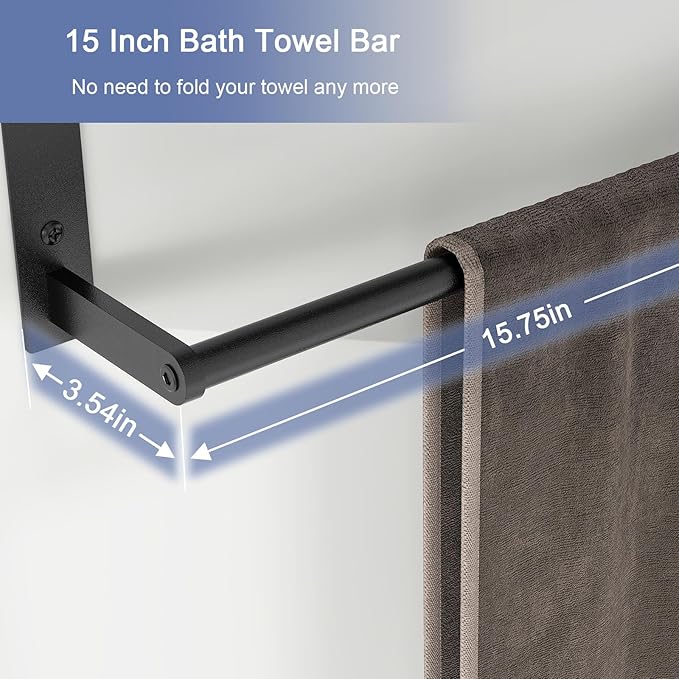 Bathroom Shelf with Towel Bar, 16" Metal Towel Racks for Bathroom Wall Mounted, Rustproof Towel Rack with Shelf Shower Towel Holder Apartment Essentials Bathroom Accessories - Black