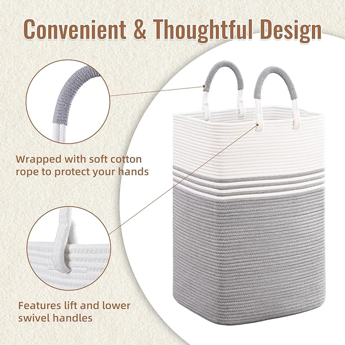 Laundry Basket Hamper,Blanket Storage,Dirty Clothes Hamper with Swivel Handles,Woven Cotton Rope Toy Baskets,Blanket Basket Living Room,Decorative Hampers for Nursery,Bedroom,White & Gray,100L
