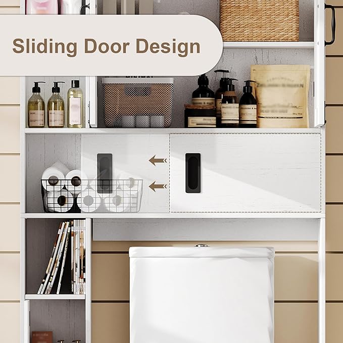 ChooChoo Over The Toilet Storage Cabinet, Farmhouse Bathroom Shelf Over Toilet with Adjustable Shelves, Above Toilet Storage Cabinet with Sliding Door for Bathroom, Laundry Room, Antique White