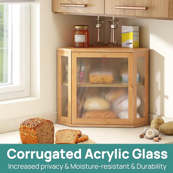 Corner Bread Box for Kitchen Counter, Bamboo Wood Large Capacity Bread Storage Bin with Acrylic Wavy Door Panel (Natural, Meduim)