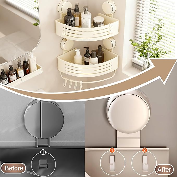 Corner Shower Caddy Bathroom Organizer（2-Pack Cream White）,No-Drilling Aluminum Suction Cup Corner Shower Shelf with Towel Bar & Hooks,Detachable and Reusable Bathroom and Kitchen Storage