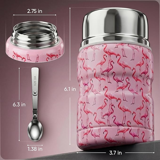 Earth&ME 17 OZ Soup Thermo for Hot & Cold Food for Kids, Vacuum Insulated Steel Lunch Container, Kids Wide Mouth Bento Thermal Food Jar, Warm Food Lunchbox Thermo Bowls with Spoon (Flamingo)