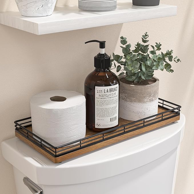Bathroom Toilet Tank Tray, 13" Wood Toilet Paper Storage Basket Tray Back of Toilet Basket Organizer,Vanity Tray for Perfume Makeup Candle Decor, Black & Farmhouse Brown