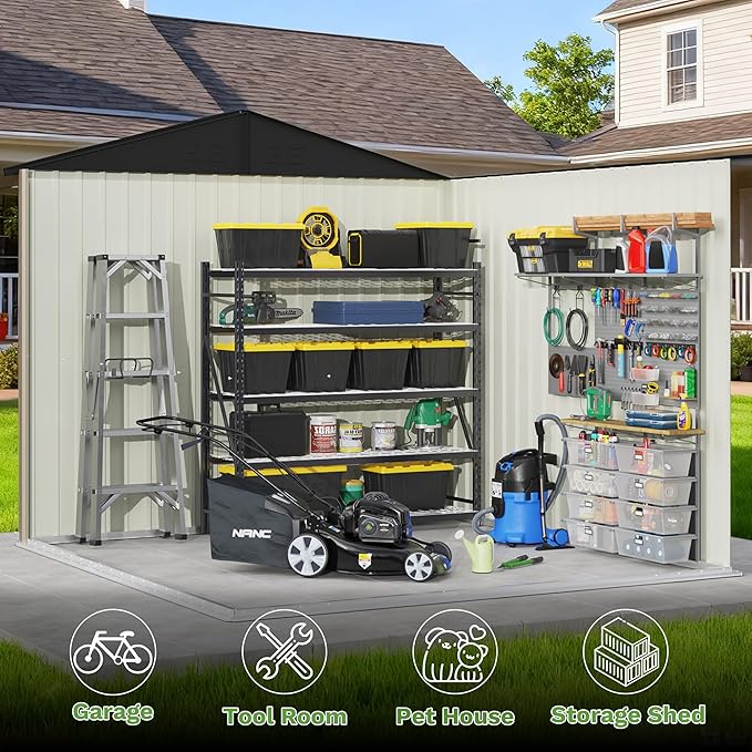 Patiowell Outdoor Storage Shed 8x8 FT, Heavy Duty Tool Metal Sheds with Lockable Doors and Updated Frame Structure for Backyard Patio Lawn, Brown