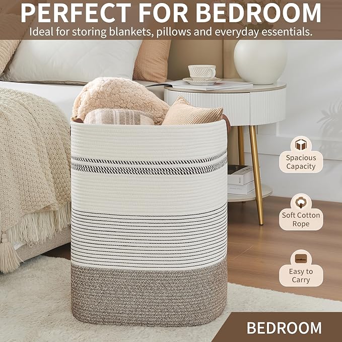 Laundry Hamper - Tall Woven Rope Laundry Basket - Clothes hamper with Leather Handles, 17" X 13.8" X 22", Blanket Storage Basket for Living Room, Rice Brown & White