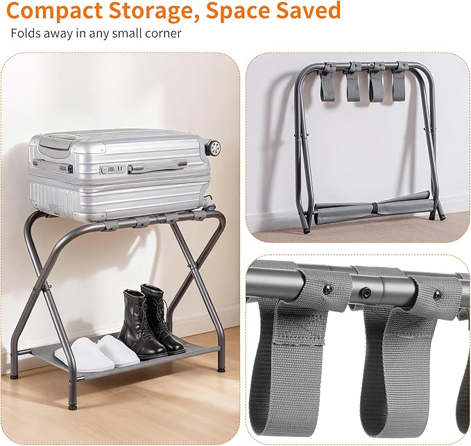 Heybly Luggage Rack for Guest Room, Pack of 2, Steel Folding Suitcase Stand with Storage Shelf for Bedroom, Hotel, Foldable Steel Frame, Guest Room, 26.2" L x 14.4" W x 20.5" H, Gray HLR004G2