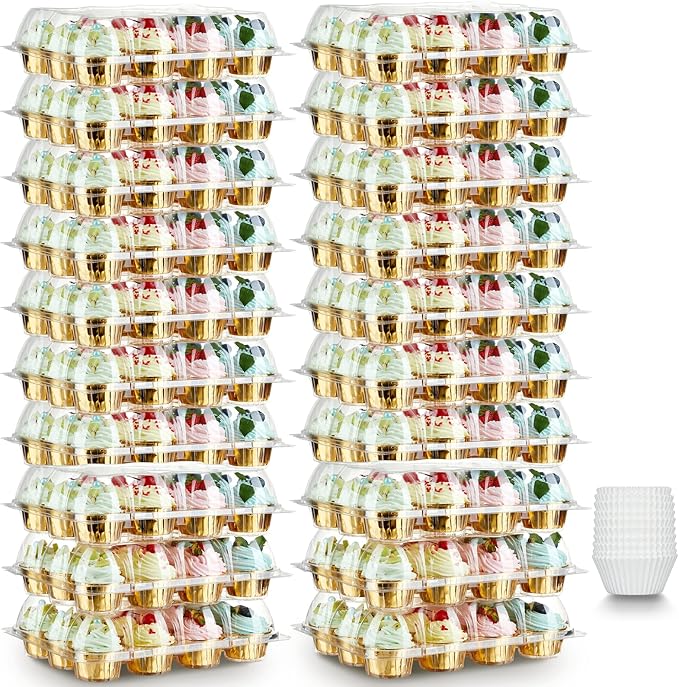 (12 Pack x 20 Sets) Stackable Cupcake Carrier with 240 Pack Liners, Plastic Cupcake Boxes Holders for 12 Cupcakes, High Tall Dome Lid Cupcake Containers, Clear Disposable Cupcake Trays
