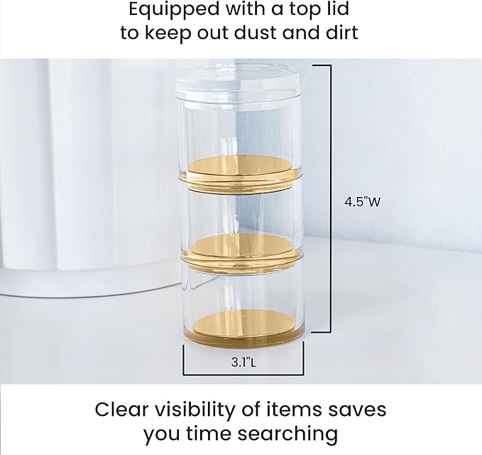OfficeGoods 3-Tier Stackable Acrylic Holder- Stylish Desk Organizer and Storage for Office or Home – Transparent Round Design with Gold Metal Base