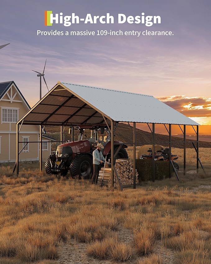 Garvee 20x25 ft Metal Carport Kit, 120° Steep-Pitch Vertical Roof for Snow Shedding, 173" High-Clearance RV & Tractor Shelter, Heavy-Duty 2 Cars Car Port with Reinforced Frame
