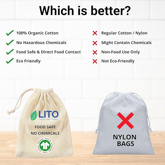 Organic Cotton Mesh Produce Bags – Large Reusable Grocery Bags (4 Pack) | Washable, Lightweight & Breathable Storage for Fruits, Vegetables, Bulk Foods & Zero Waste Living 10"x18"
