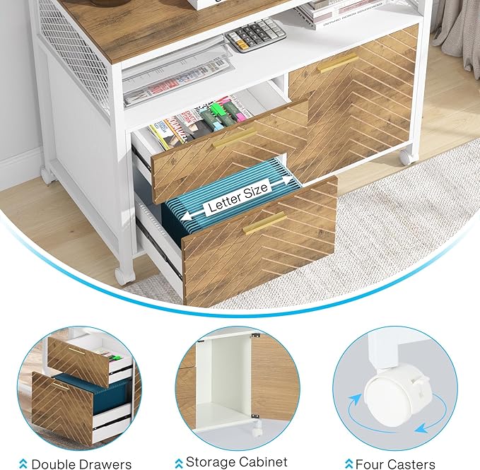 Tribesigns Modern File Cabinet with Drawers for Letter-Sized File and Door, lateral Filing Cabinet Printer Stand with Storage Shelves and with Rolling Caster for Home Office