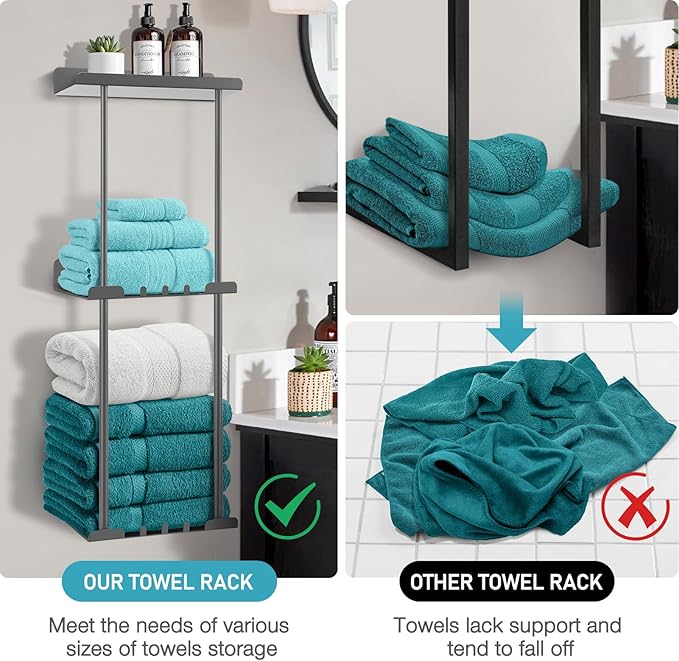 Hommtina Wall-Mounted Towel Rack & Holder - Rust-Resistant Bathroom Organizer with No Drill Installation, Space-Saving Design for Kitchen, Laundry Room (Grey)