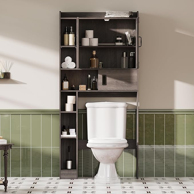 ChooChoo Over The Toilet Storage Cabinet, Farmhouse Bathroom Storage Cabinet with Sliding Door, Over Toilet Storage with Adjustable Shelves, Space-Saving, Grey