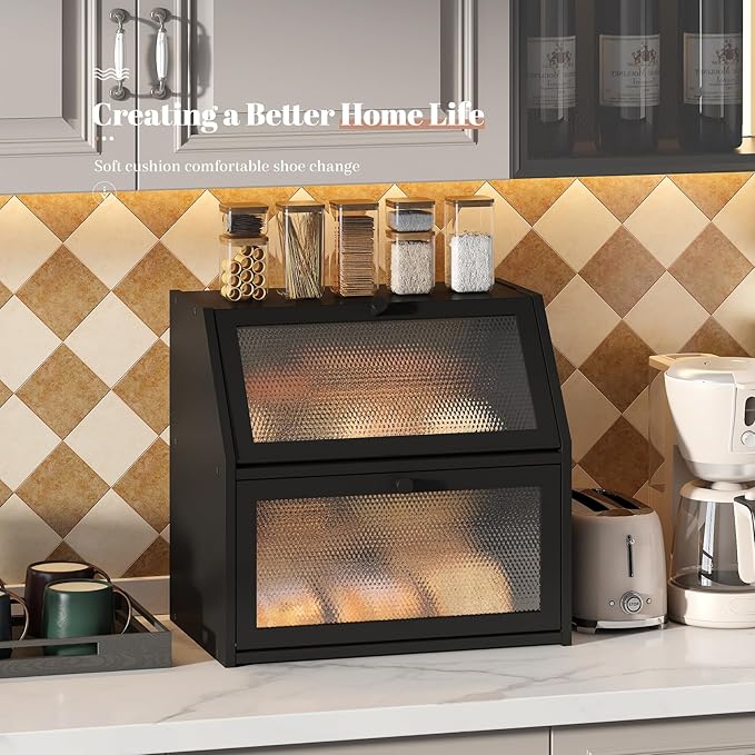 Bread Box for Kitchen Countertop Bin Double Layer Bread Box Storage Container Extra Large Capacity with Diamond Pattern Windows (Black, Extra Large)