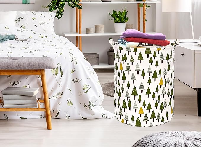 Christmas Tree 19.7 Inch Round Laundry Clothes Hamper Laundry Basket with Handles,Storage Organizer Bins Laundry Gift Basket for Room, Bedroom Decor