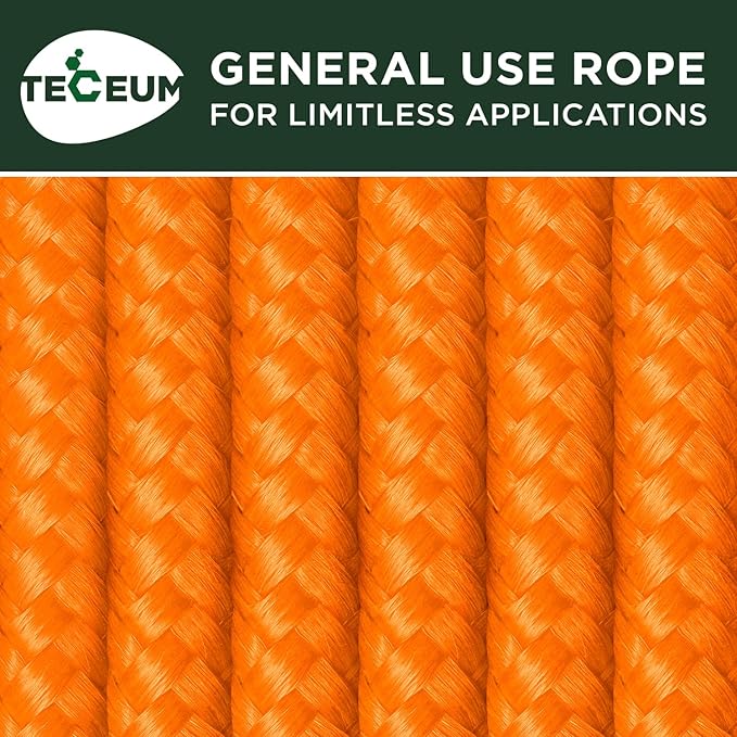 TECEUM Rope – 90 Feet x 1/4 Inch (7mm) – Orange Yellow – Strong All-Purpose Utility Rope – Camping, Crafting, Flag Pole, Indoor & Outdoor – Polypropylene Nylon Poly Lightweight Diamond Braided Cord