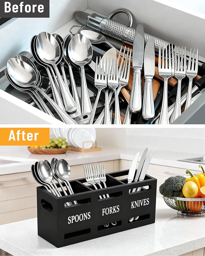 Kitchen Utensils Holder for Counter, Wooden Utensil Organizer for Storage Cooking and Silverware, Black Cooking Utensil Storage Box for Countertop,Wood Organizer with 3 Compartments,Rustic Minimalist.