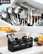 Kitchen Utensils Holder for Counter, Wooden Utensil Organizer for Storage Cooking and Silverware, Black Cooking Utensil Storage Box for Countertop,Wood Organizer with 3 Compartments,Rustic Minimalist.
