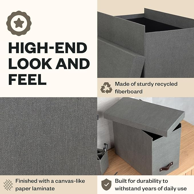 Bigso John Desktop File Box - Storage Solution and Document Organizer for Important Paperwork - Durable Hanging File Box with a Lid and Leather Handle - 7.36 in x 13.26 in x 10.51 in - Grey