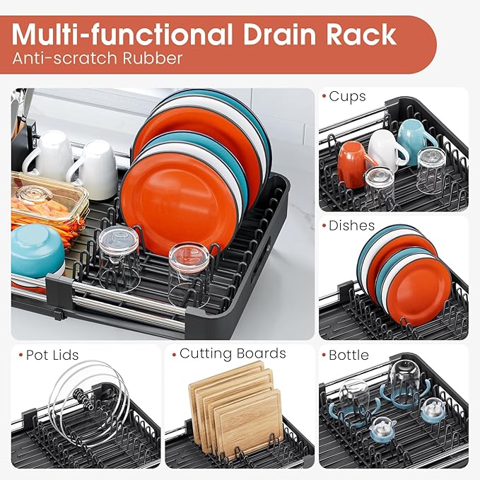 TOOLF Dish Drying Rack with Drainboard, Extendable Dish Rack for Kitchen Counter, Expandable Dish Drainer, Dish Strainer, Foldable Home Countertop Plate Storage Rack with Cutlery Holder, Black