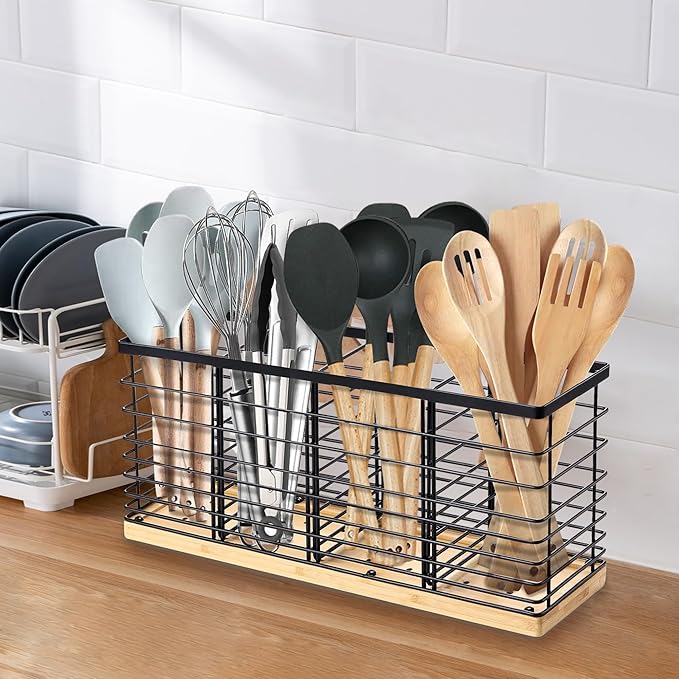 Suli Extra Large Kitchen Utensil Holder with 4 Compartments，Matte Black Metal holder with Wooden Base for Countertop，Farmhouse Utensil Organizer for counter, Rustic Cooking Utensil