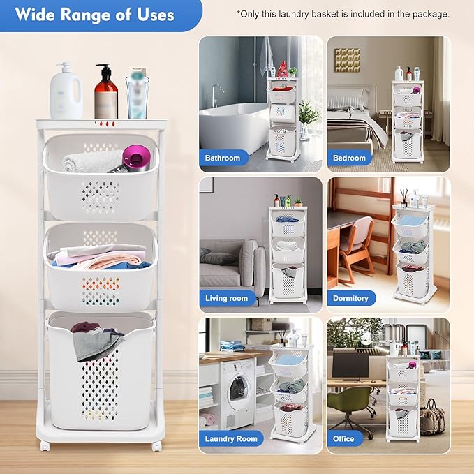 3 Tier Laundry Basket with Wheels, Laundry Basket Storage Rack Freestand Laundry Hamper Basket Sorter for Kitchens, Bathrooms, Bedrooms Clothes Storage Organizer, White