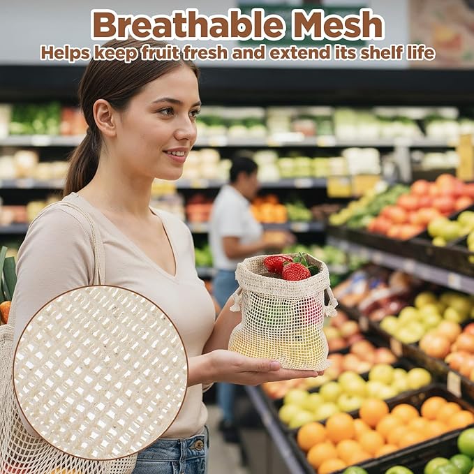9 Pcs Vegetable Bags for Refrigerator Reusable Produce Bags Grocery Washable Cotton Mesh Produce Bag Reusable Shopping Bag Double-Stitched with Tare Weight Drawstring for Farmers Market (S/M/L)