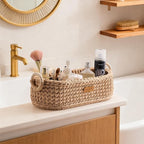 Handwoven Toilet Paper Storage Basket with Wooden Base & Handles - Boho Modern Decor Organizer for Bathroom, Bedroom, Nursery Shelf (Brown)