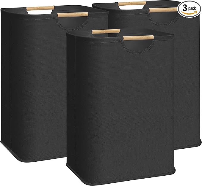 STORAGE MANIAC 3-Pack Large Laundry Hamper, 80L (21.1 Gal) Collapsible Laundry Basket with Bamboo Handles, Freestanding Waterproof Clothes Hamper for Laundry Room, Bedroom, Dorm, Towels, Toys, Black