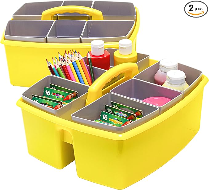 Storex Large Classroom Caddy with Cups, 13 x 11 x 6.575 Inches, Yellow, Case of 2 (00982U02C)