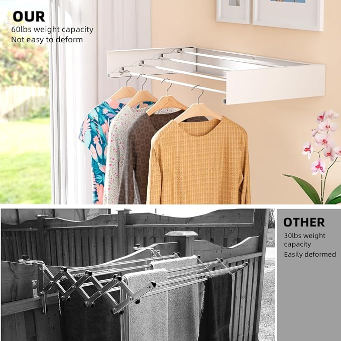 Wall Mounted Drying Rack for Small Space, 23.6" Foldable Collapsible Laundry Rack, Compact Space Saver for Apartment Bathroom Balcony, Includes Wall Template (White)